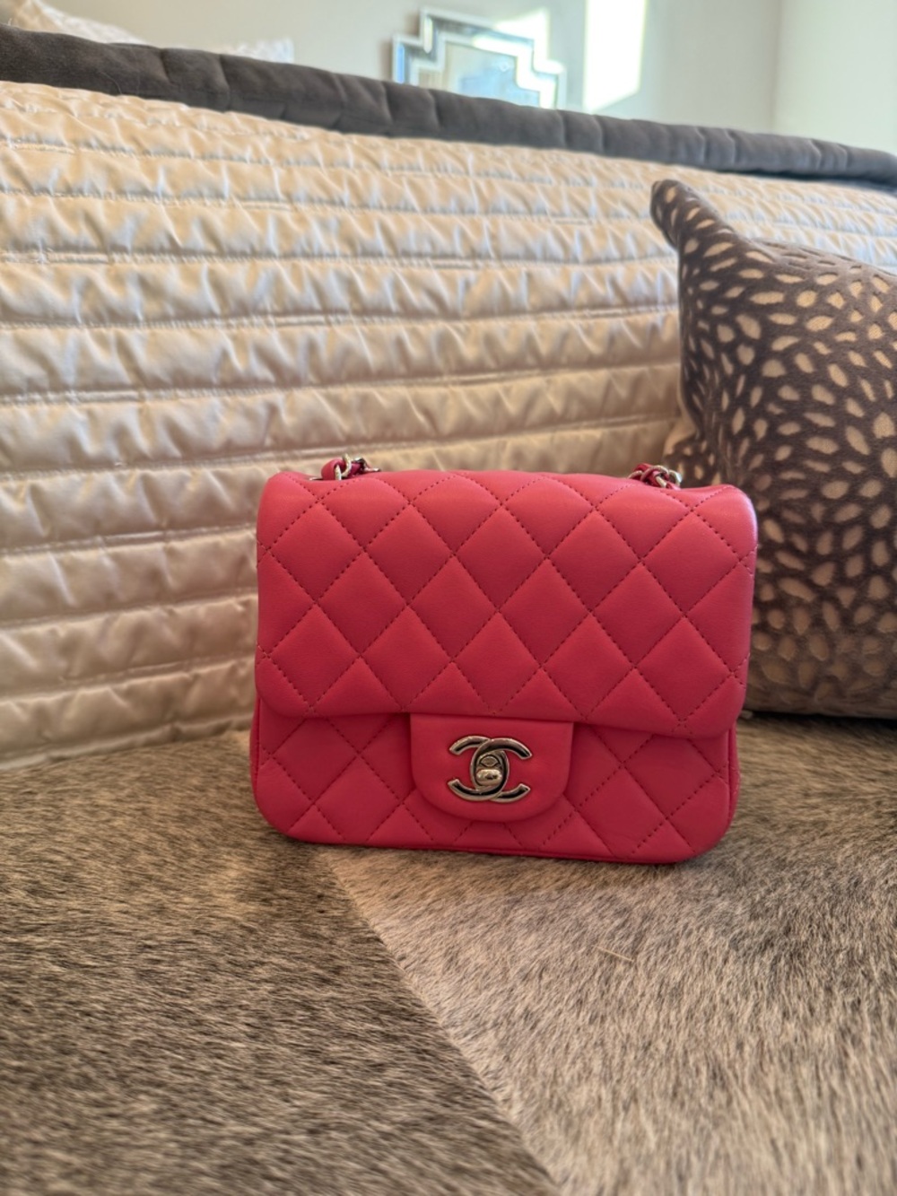 CHANEL Hot Pink Quilted Mini Flap Bag with Silver-Tone CC